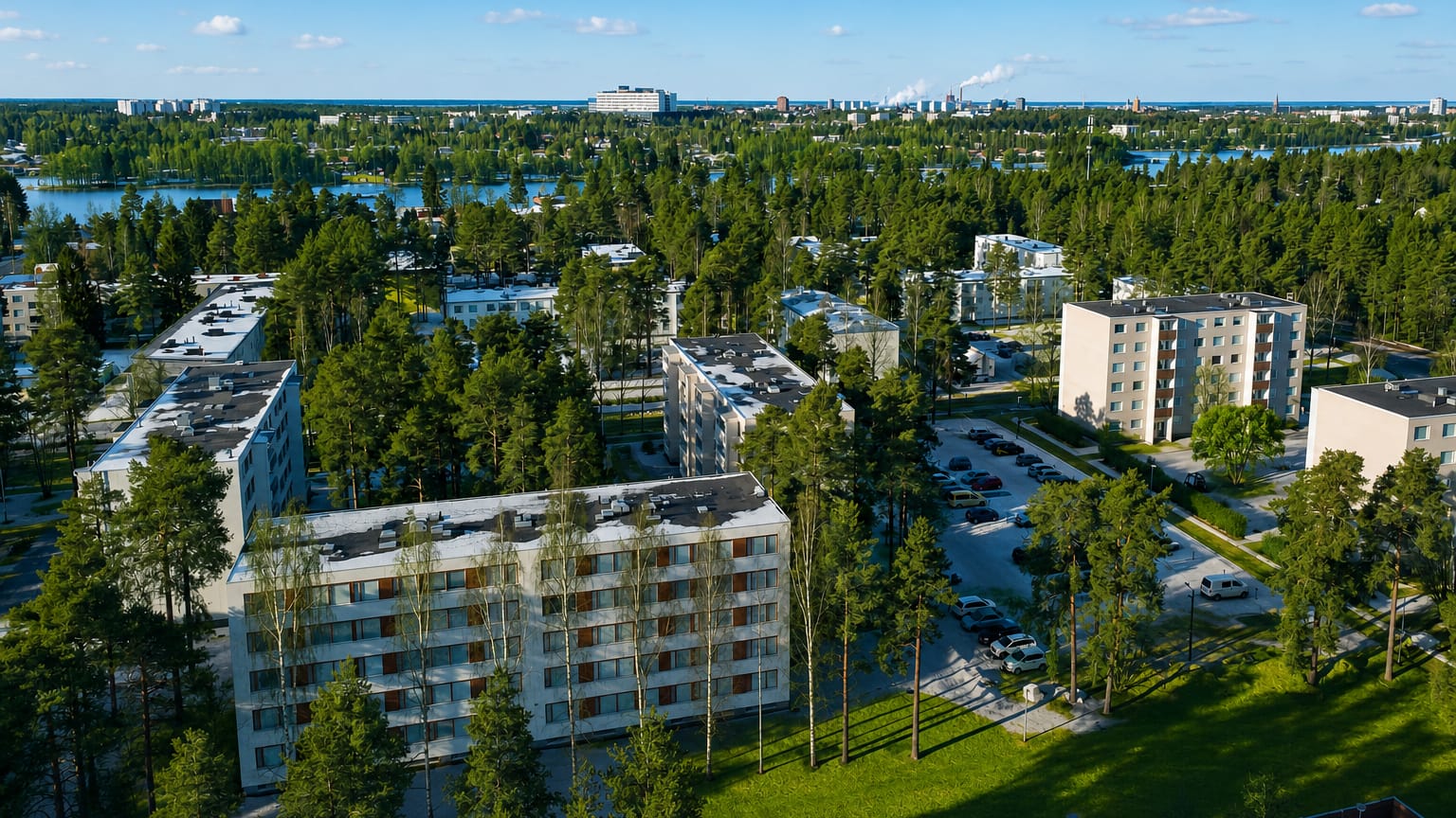 Pine-lined apartment blocks with the river and Oulu skyline beyond, seen over Myllyoja