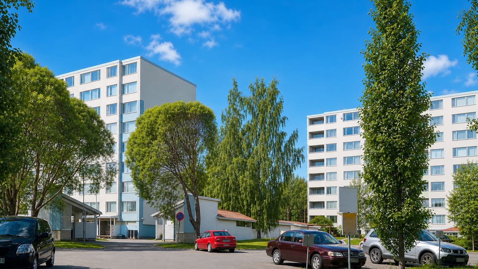 White 1970s apartment blocks among birches and parked cars in Puolivalinkangas, Oulu.