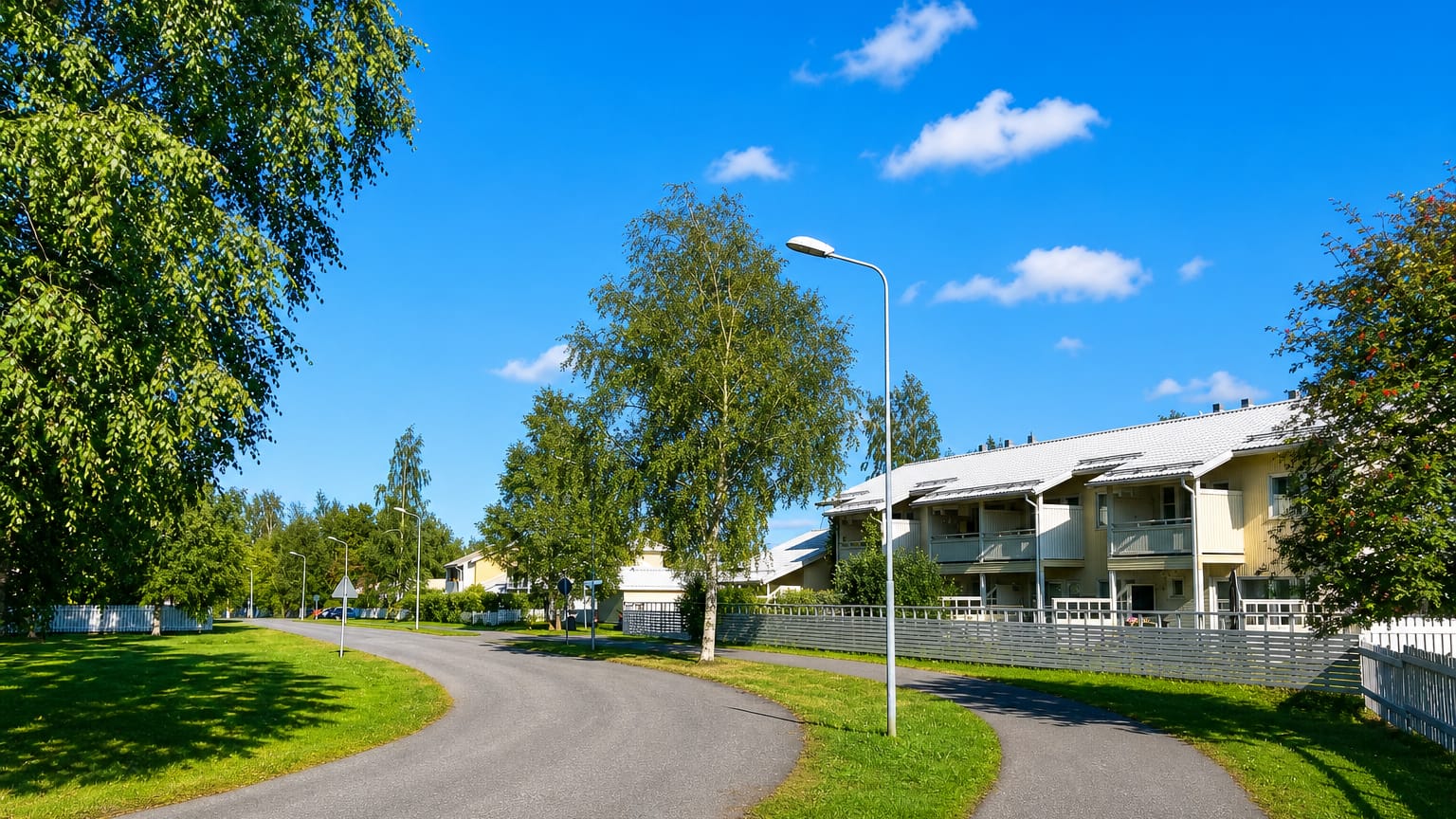 Quiet suburban street lined with birches and low yellow apartment blocks in Pyykosjarvi, Oulu.