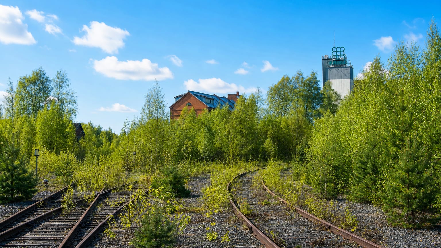 Disused railway tracks curving through green birch saplings past brick buildings and a silo in Toppila, Oulu, Finland