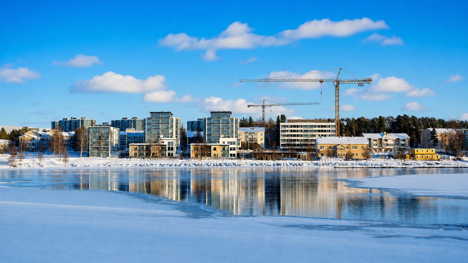 Tuira's riverside apartment blocks above the frozen Oulujoki under a blue winter sky in Oulu, Finland