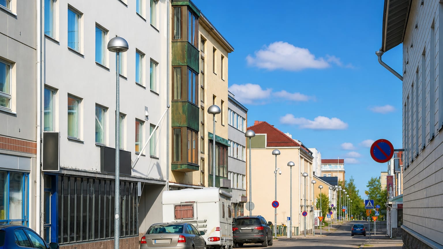 Functionalist apartment buildings and parked cars along a sunlit street in Vaara, Oulu