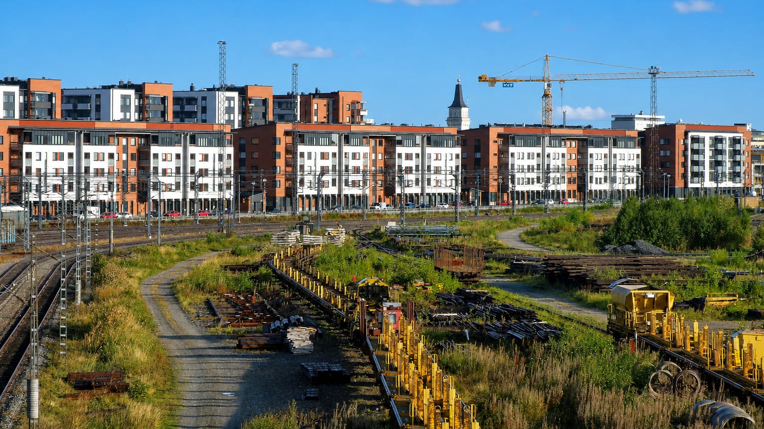 Modern red-brick and white apartment blocks of Vanhatulli, Oulu, rising beyond former railway yards under a clear blue sky.