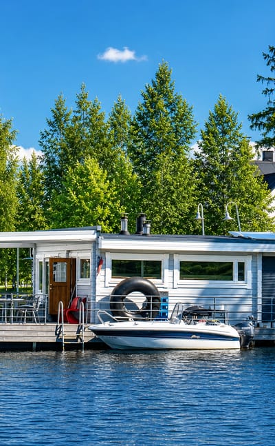 Floating sauna cabin and moored motorboat on the calm water at Värttö in Oulu, Finland.