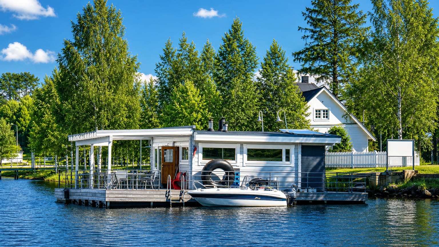 Floating sauna cabin and moored motorboat on the calm water at Värttö in Oulu, Finland.