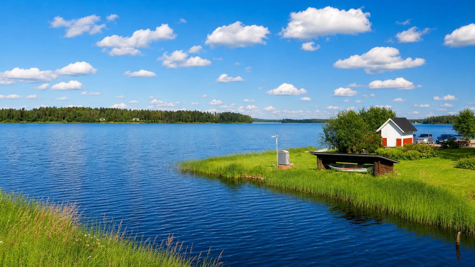 Calm lake with a grassy point and small red boathouse near Reisjärvi, Finland.