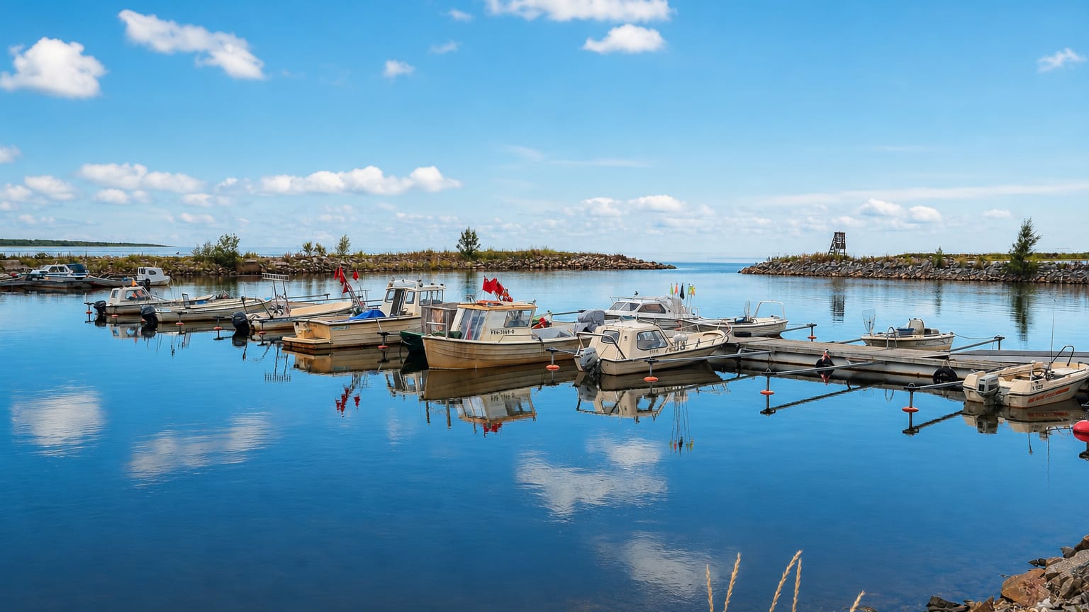 Small boat harbor with moored boats, a rocky breakwater and a beacon on the calm Gulf of Bothnia coast at Siikajoki, Finland