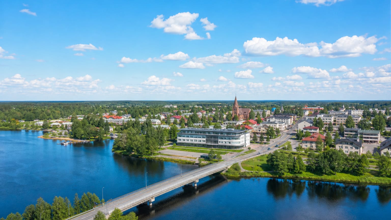 Aerial view of Taivalkoski by its lake and bridge, with a red-brick church and low buildings ringed by forest.