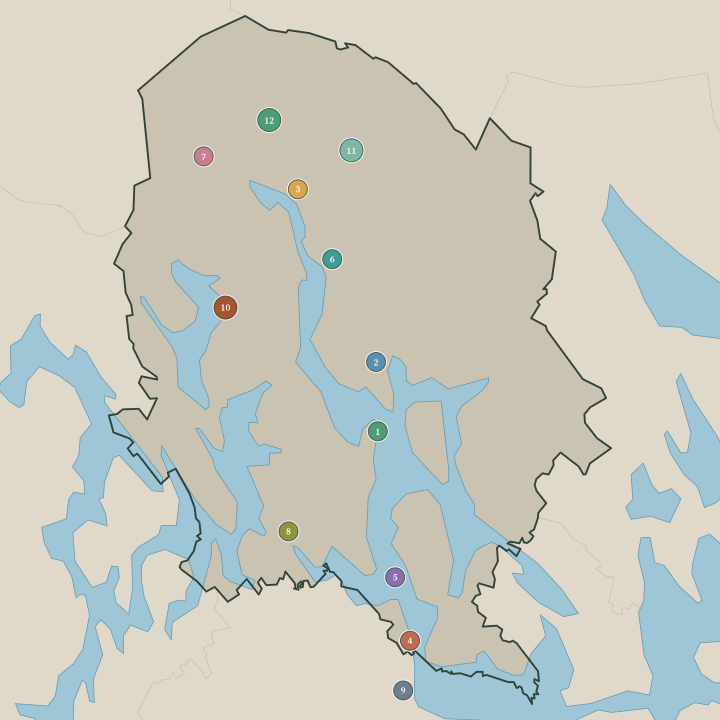 Map of Pohjois-Savo showing its numbered towns and cities