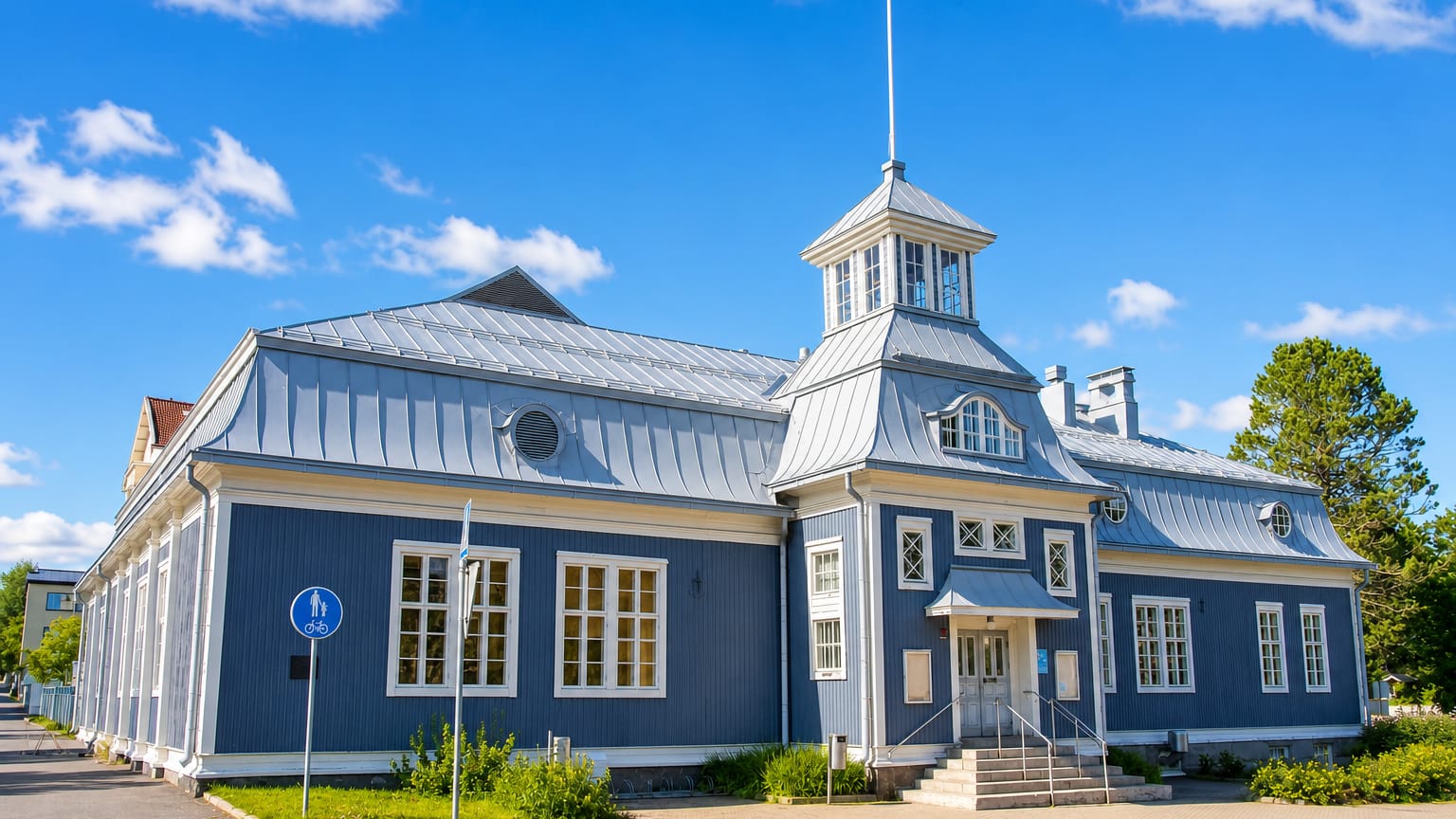 A historic blue wooden building with a white cupola tower in central Iisalmi, Finland.