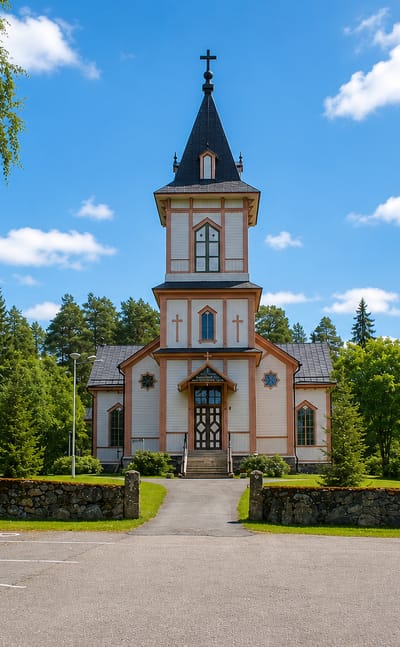 White wooden Keitele church with a black steeple behind a stone wall, Northern Savonia, Finland.