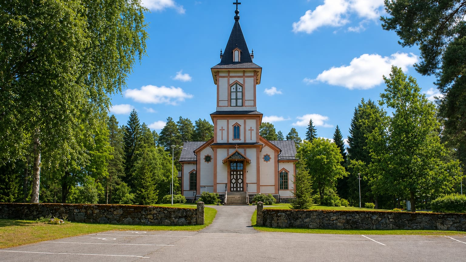 White wooden Keitele church with a black steeple behind a stone wall, Northern Savonia, Finland.