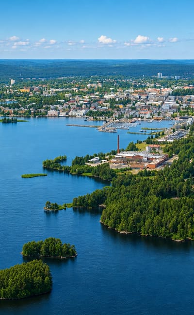 Aerial view of Itkonniemi in Kuopio, with the lakeside town, marina and forested islands on Kallavesi.