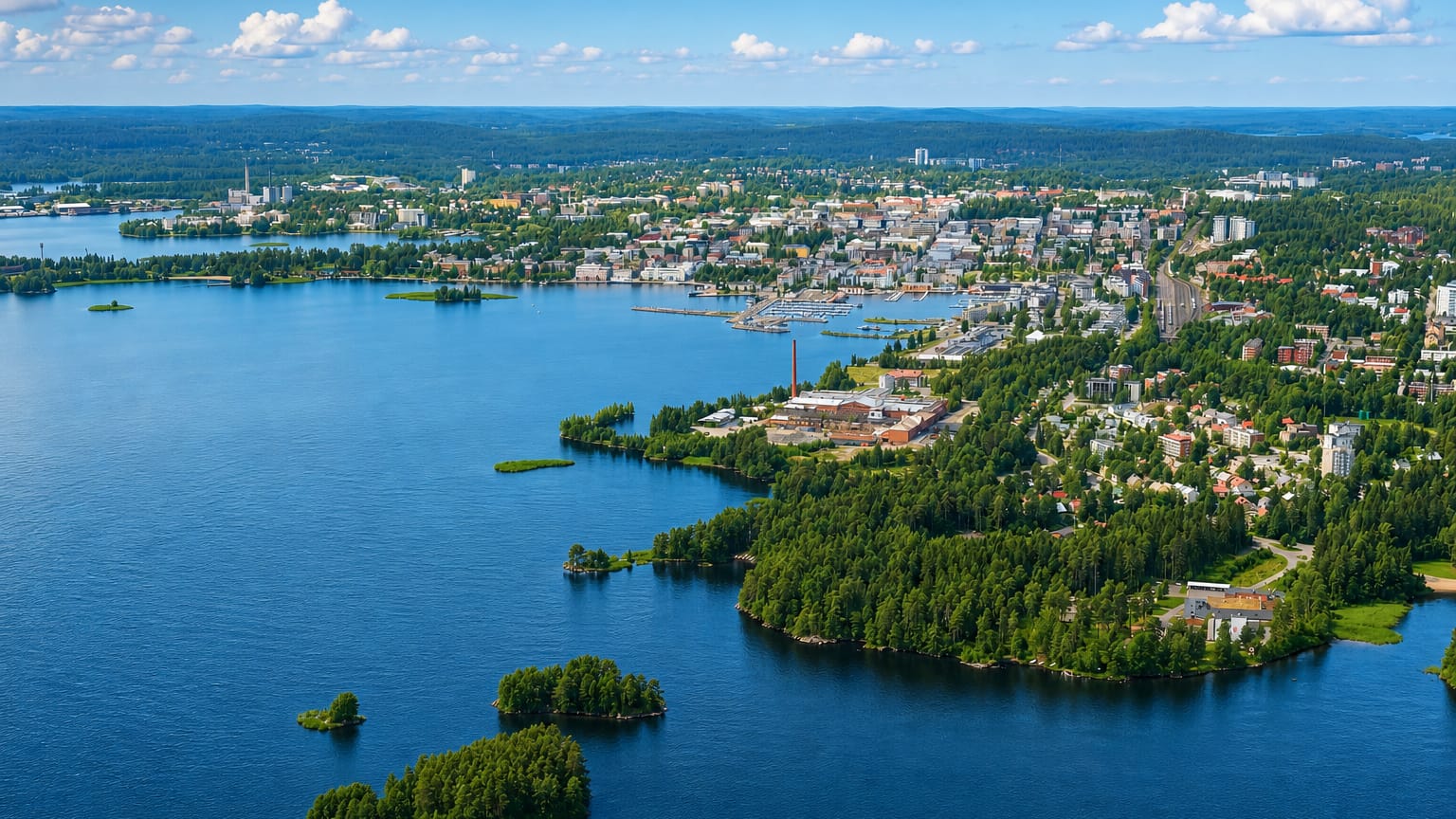 Aerial view of Itkonniemi in Kuopio, with the lakeside town, marina and forested islands on Kallavesi.