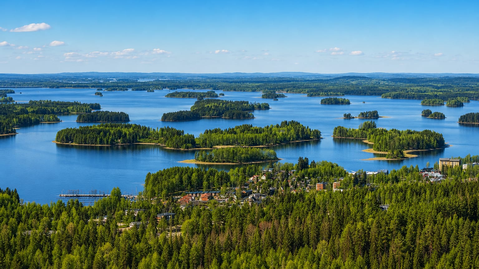 Forested islands on Lake Kallavesi with lakeside houses at Julkula, Kuopio.