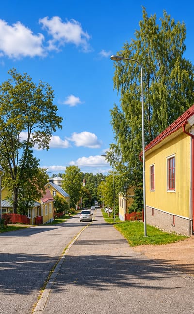 Wooden houses in yellow and ochre along a quiet sunlit street in Linnanpelto, Kuopio.