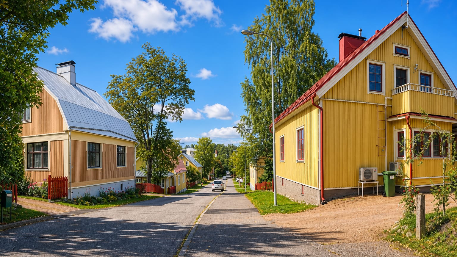 Wooden houses in yellow and ochre along a quiet sunlit street in Linnanpelto, Kuopio.