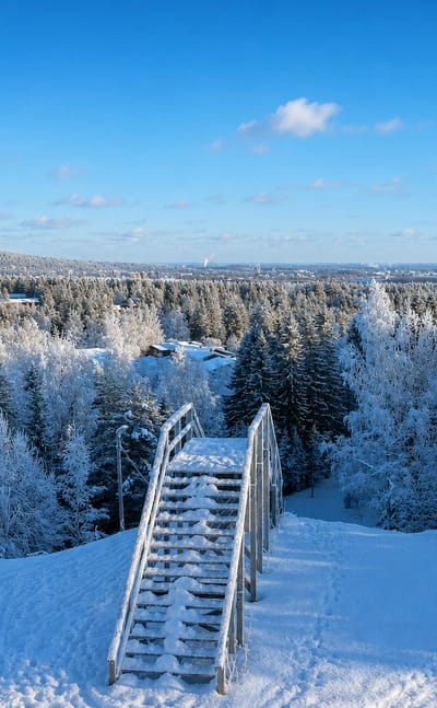 Frost-covered hillside steps and forest above Kuopio seen from Neulamäki on a clear winter day.