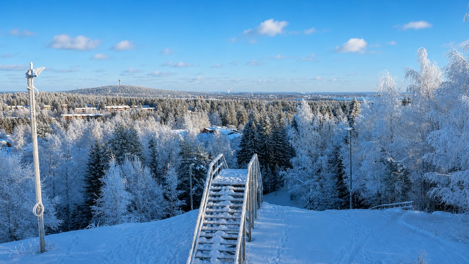 Frost-covered hillside steps and forest above Kuopio seen from Neulamäki on a clear winter day.