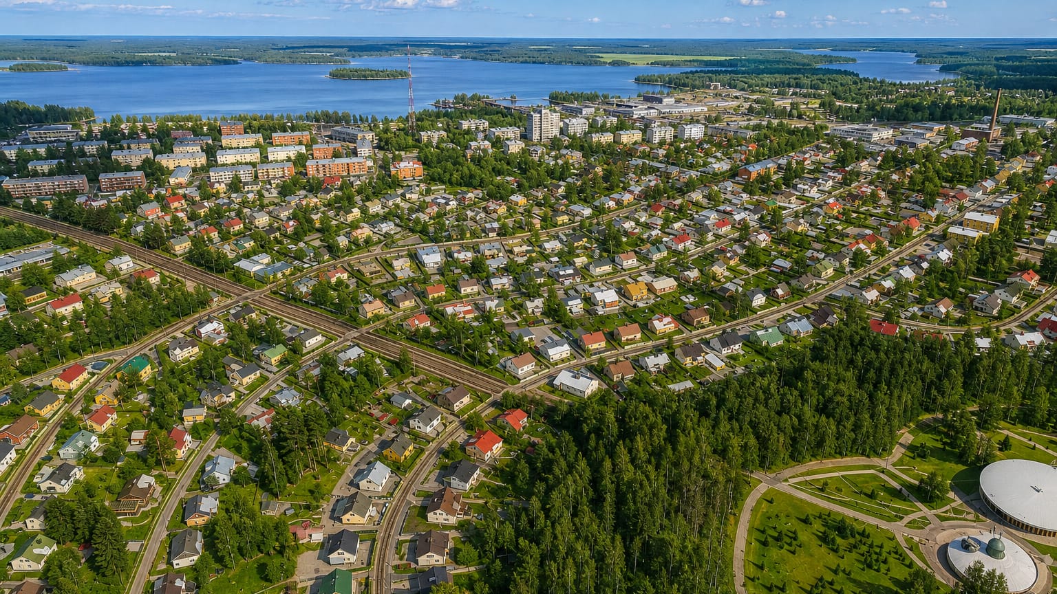 Aerial view of wooden houses and rail lines in Niirala, Kuopio, with Lake Kallavesi stretching beyond.