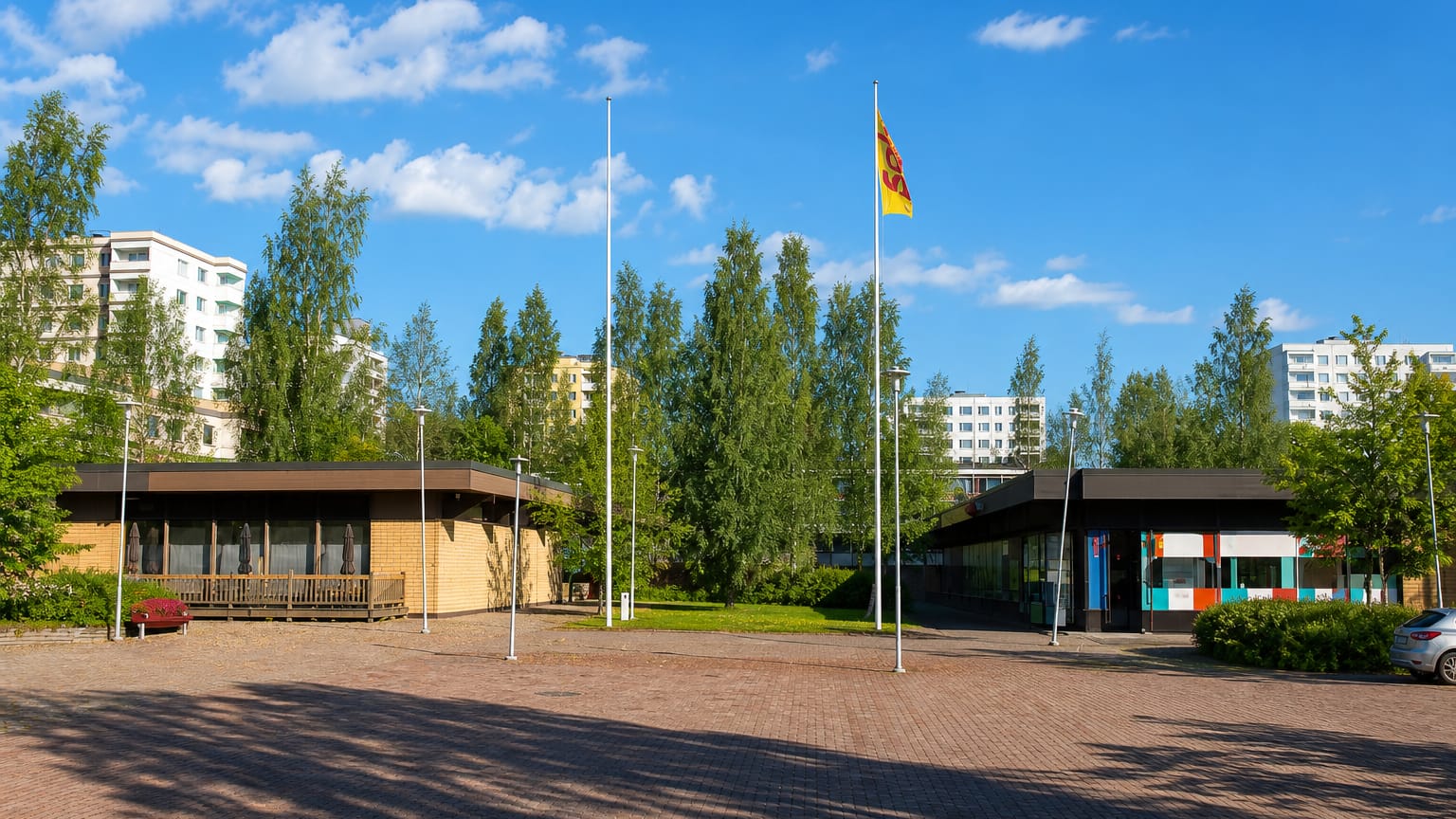 Brick-paved square, flagpoles and apartment blocks at the Särkiniemi neighbourhood centre in Kuopio.