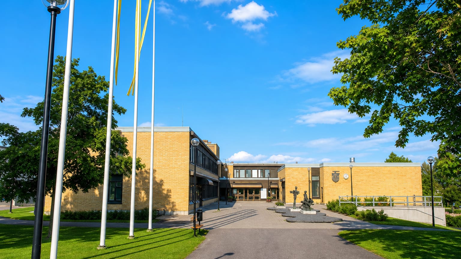 Modern yellow-brick civic building with flagpoles and a plaza sculpture in Leppävirta, Finland.