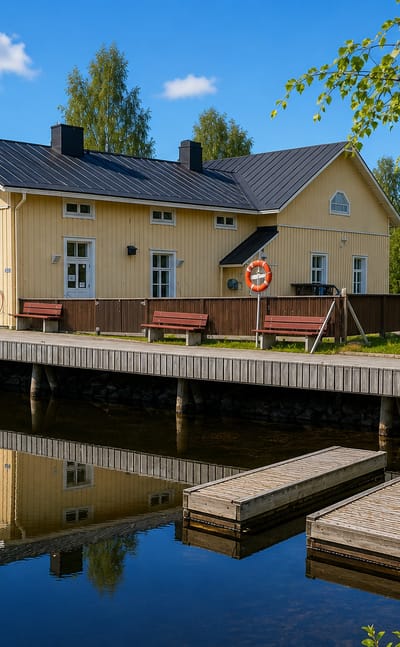 Lakeside boardwalk and yellow wooden building in Pielavesi, Finland reflected in calm water among birches.