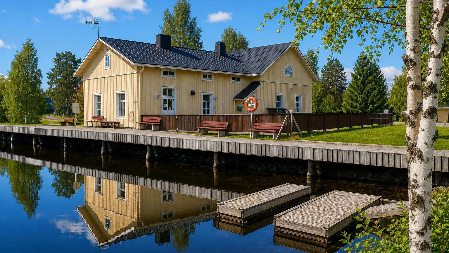 Lakeside boardwalk and yellow wooden building in Pielavesi, Finland reflected in calm water among birches.
