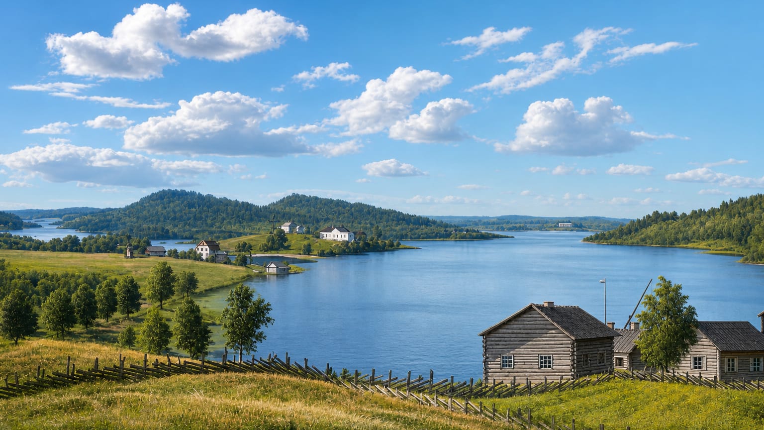 Rautalampi, Finland: a traditional log cabin and rail fences on green hills above a broad blue lake under summer clouds.