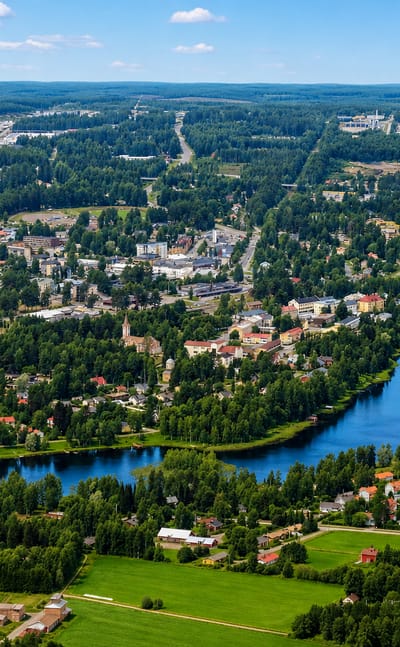 Aerial view of Suonenjoki, Finland, a small lakeland town ringed by blue lakes, green fields and forest under a bright summer sky.