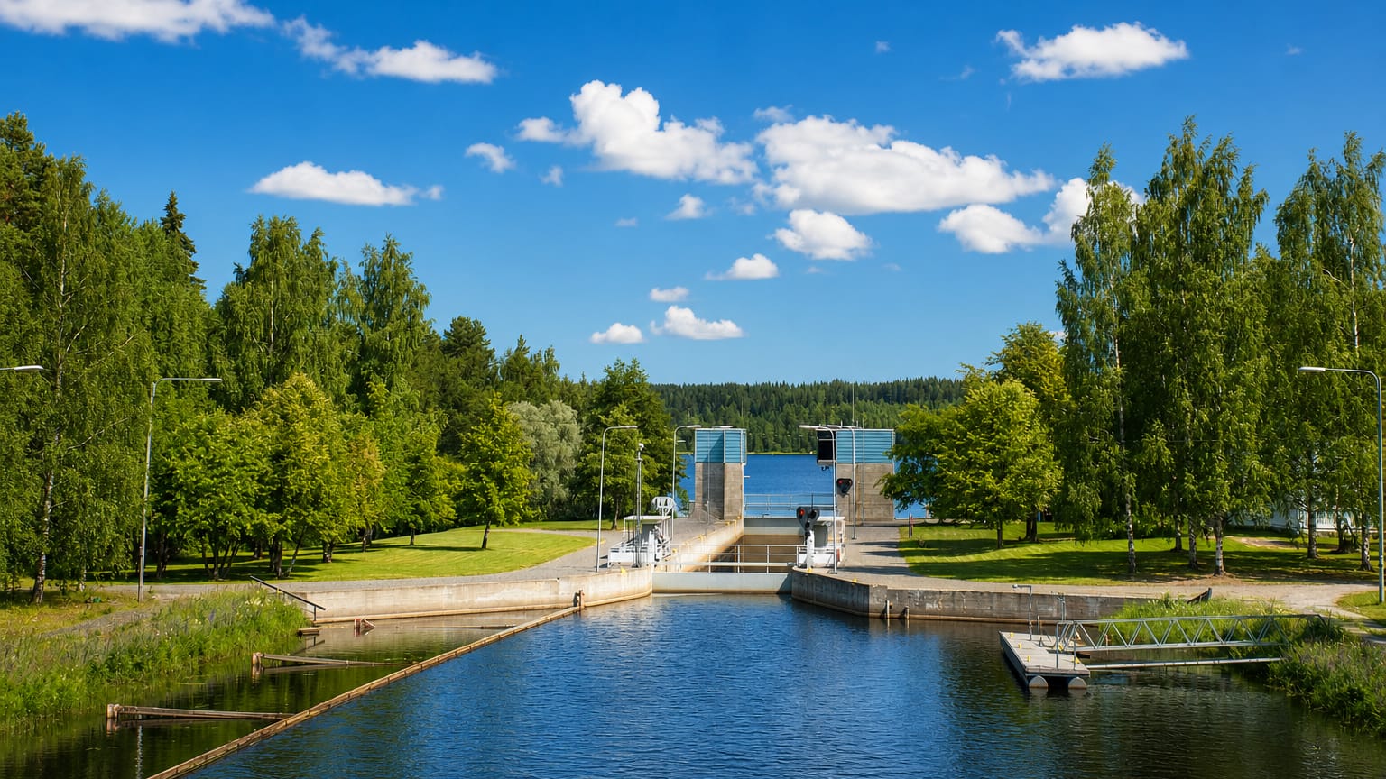 A canal lock and calm waterway framed by lush green birches under a blue summer sky in Tervo, Finland.