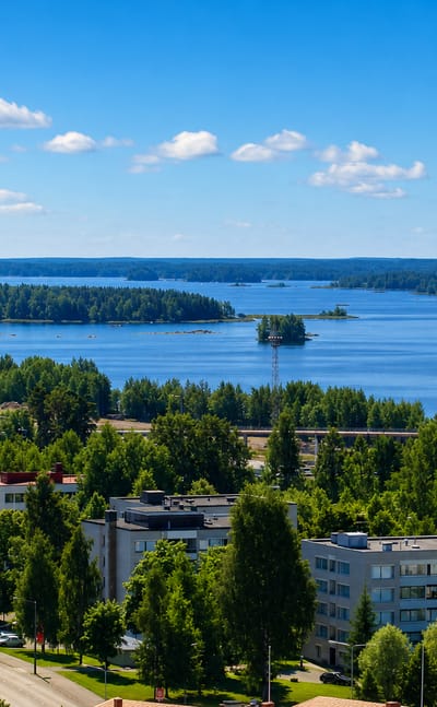 Aerial view of Varkaus with lakeside apartment blocks, forest and an island-dotted lake in Finland.