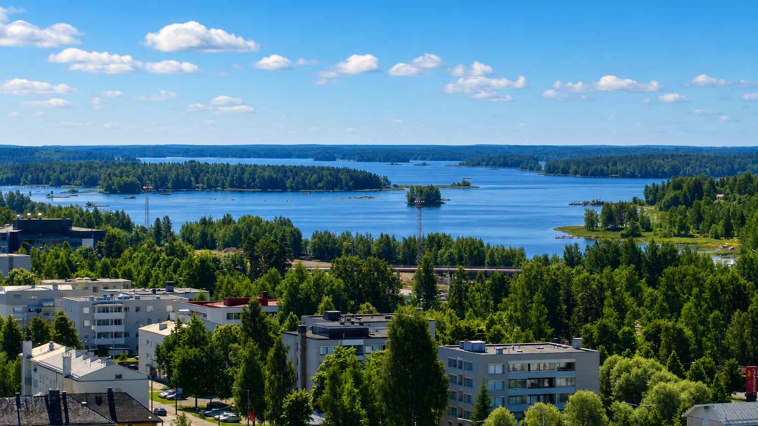 Aerial view of Varkaus with lakeside apartment blocks, forest and an island-dotted lake in Finland.