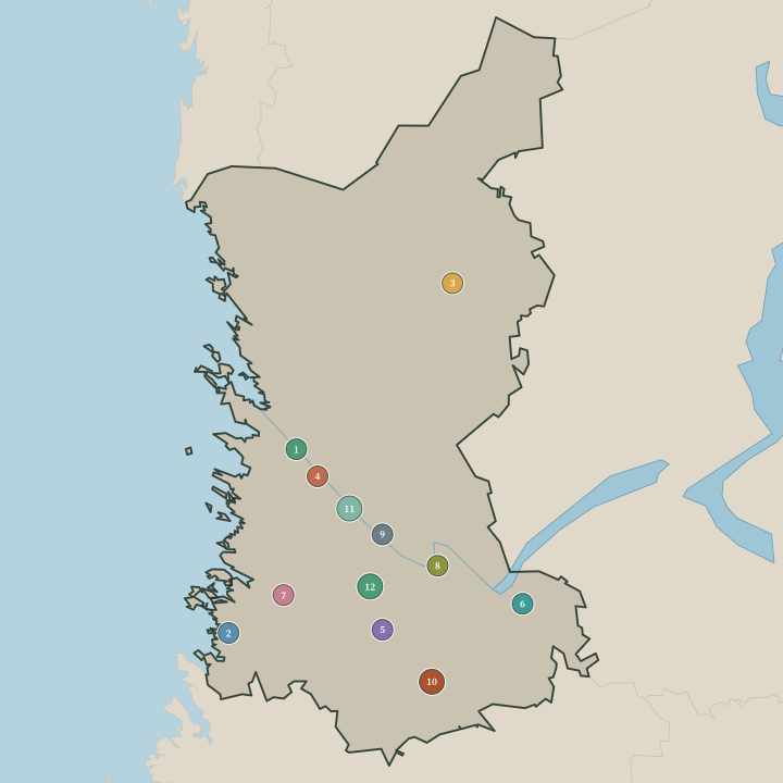Map of Satakunta showing its numbered towns and cities