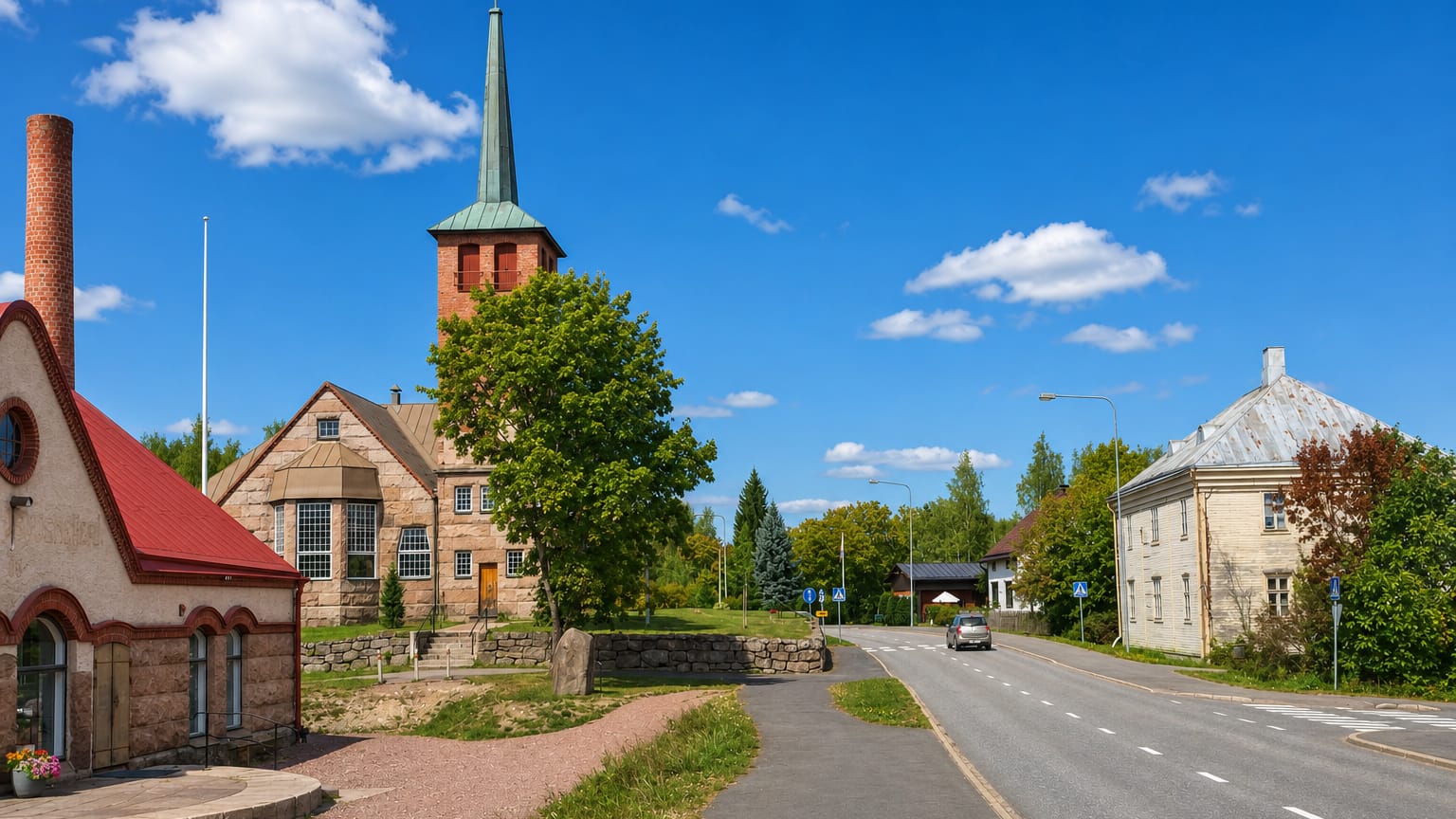 Eura, Finland's granite church with a green copper spire beside a quiet village street on a sunny day.