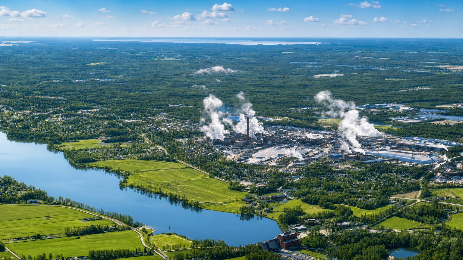 Aerial view of Harjavalta, Finland, its riverside industrial smelting park amid green forests and fields by the Kokemäki River
