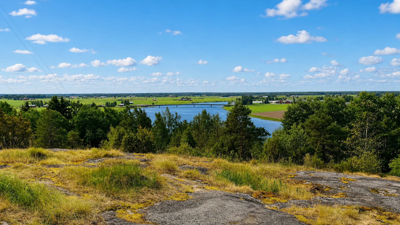 Rocky hilltop view over a river winding through flat farmland near Huittinen, Finland, under a blue summer sky