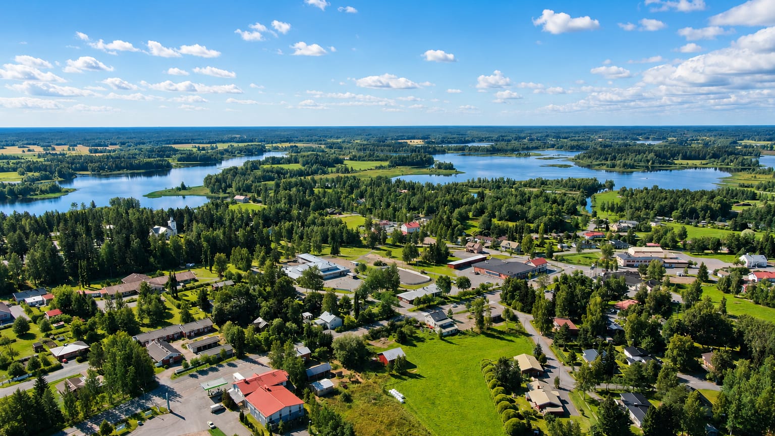 Aerial view of Jämijärvi, a small Finnish town set among pine forests beside its namesake lake under a blue summer sky.