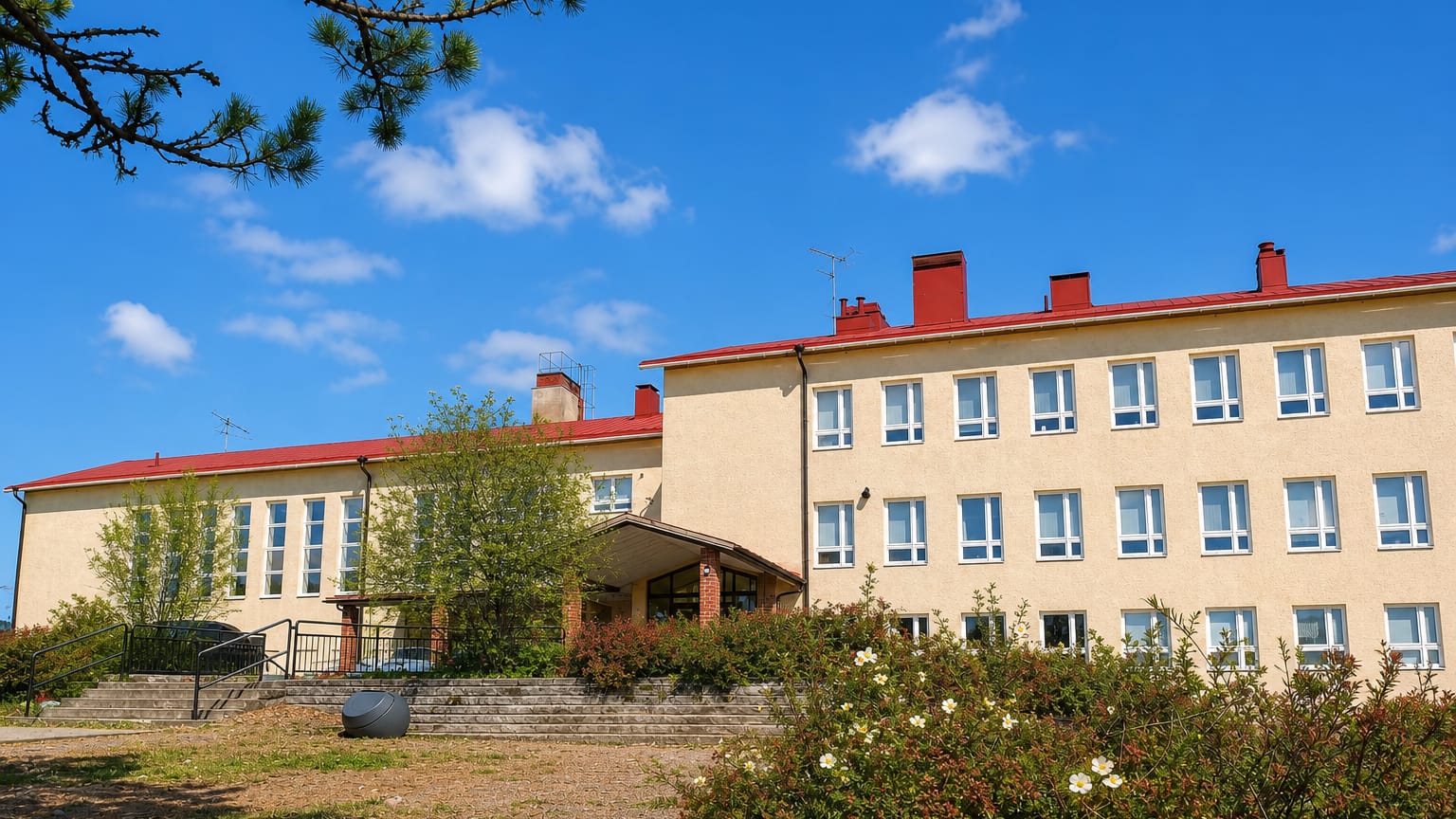 Beige school building with a red roof and entrance steps in Kiukainen, Finland