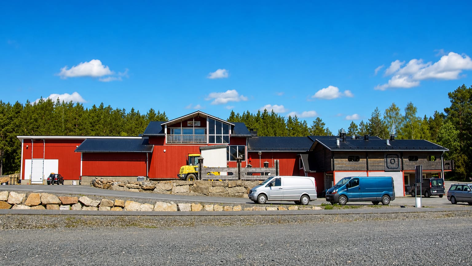 A red timber commercial building and gravel yard beside pine forest in the village of Lappi, Satakunta.