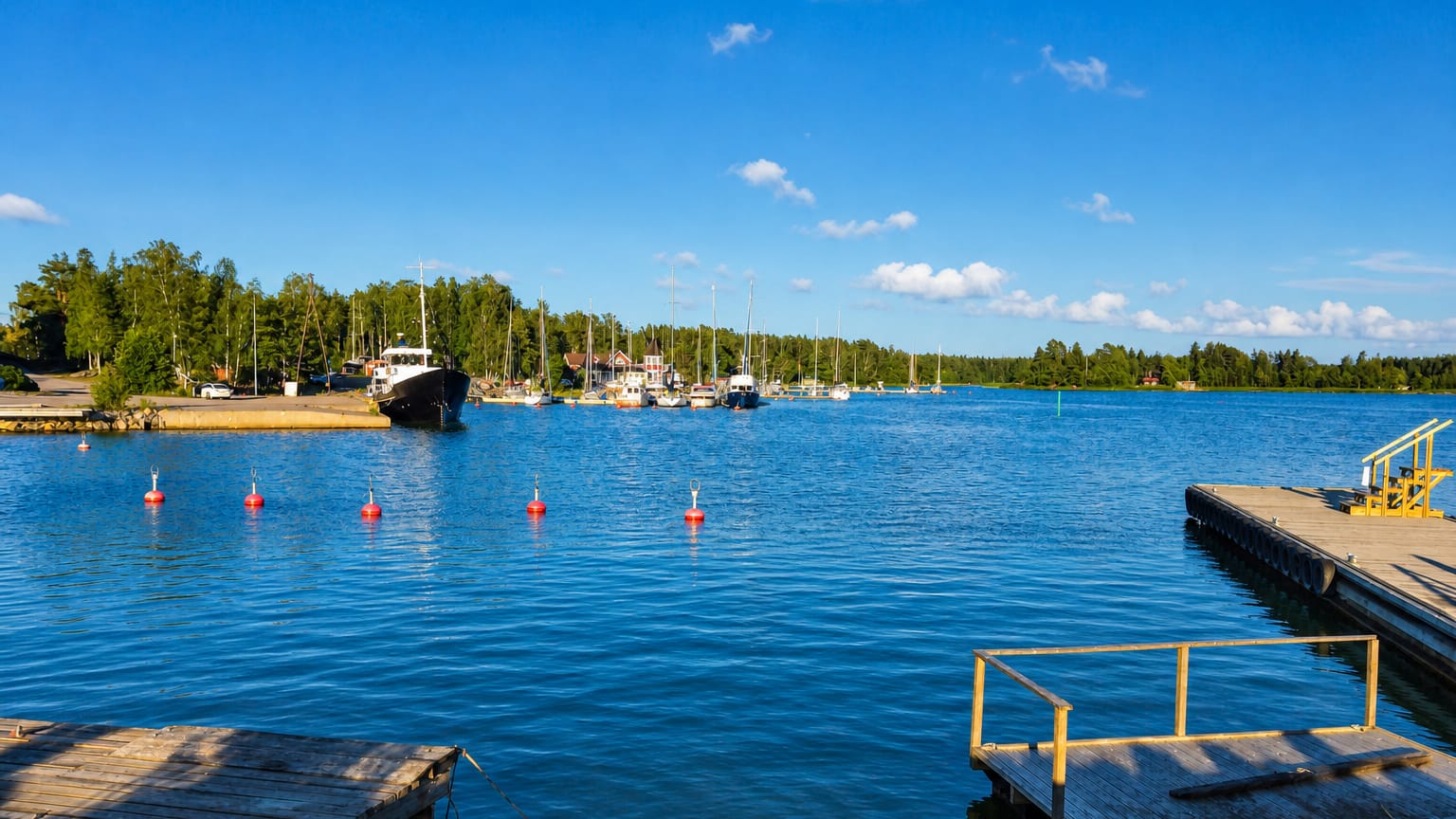 Merikarvia guest harbour on the Gulf of Bothnia, with moored sailboats, red mooring buoys and a wooden jetty under a blue sky.
