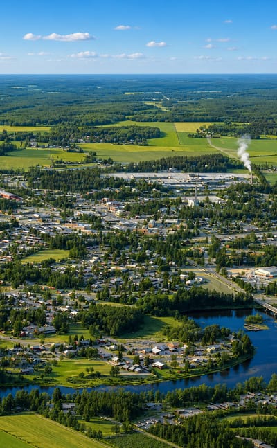 Aerial view of Nakkila, Finland, a small town along the Kokemäenjoki river surrounded by green farmland and forest.
