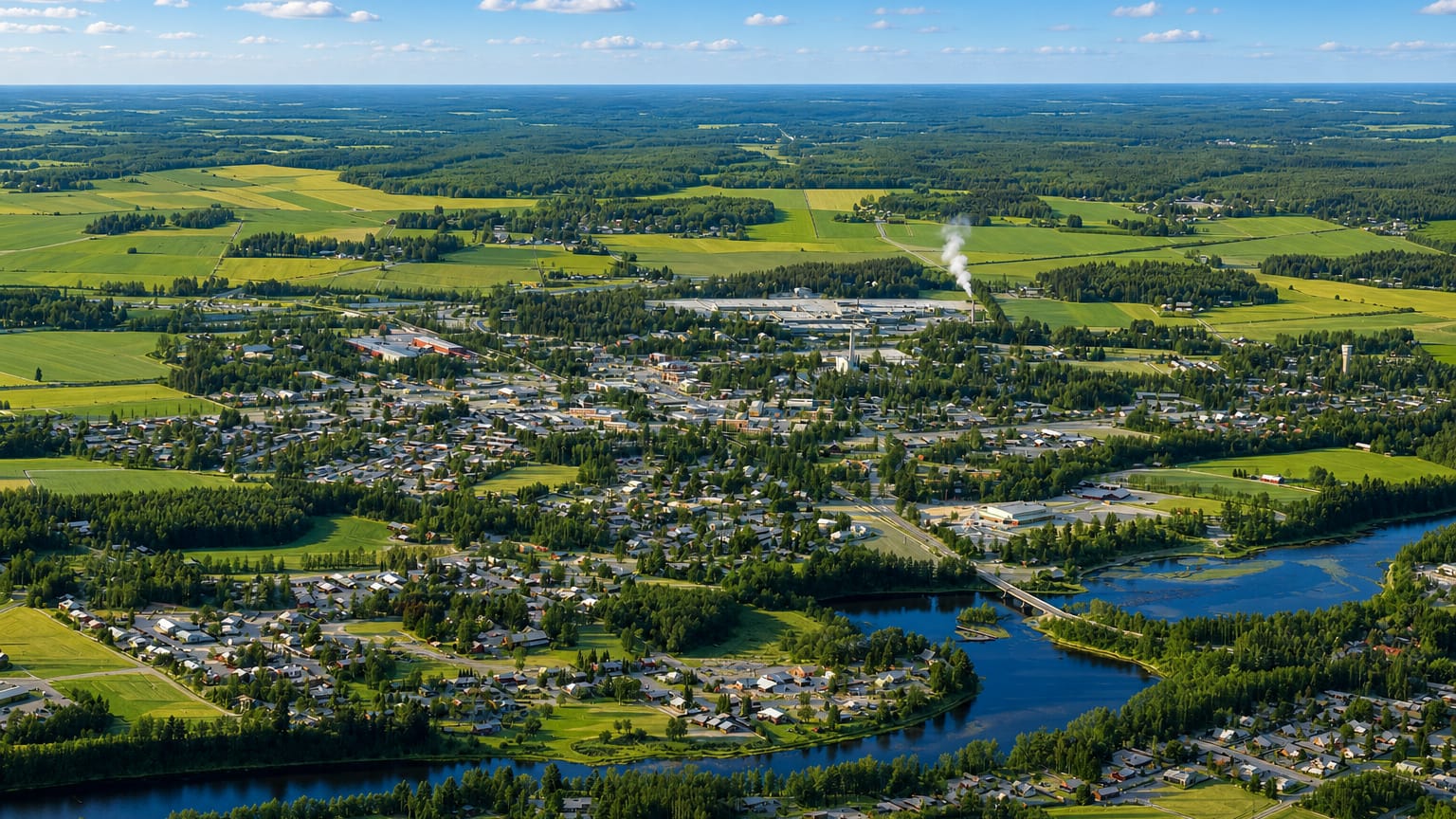 Aerial view of Nakkila, Finland, a small town along the Kokemäenjoki river surrounded by green farmland and forest.