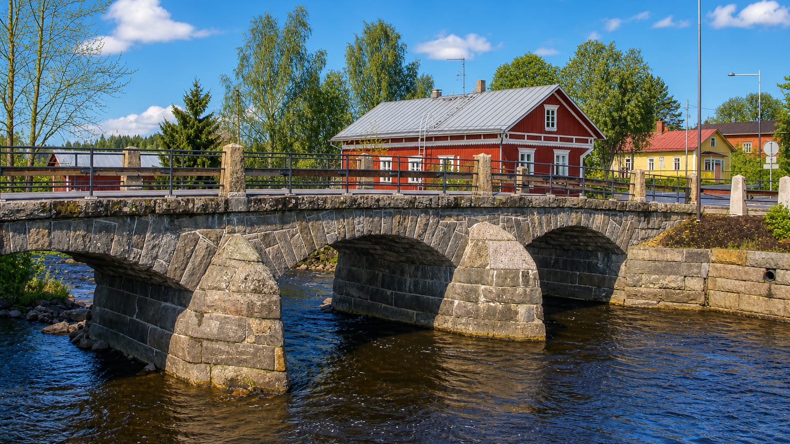 Three-arch stone bridge over the river in Pomarkku, Finland, with a red wooden building and birches under a blue summer sky.