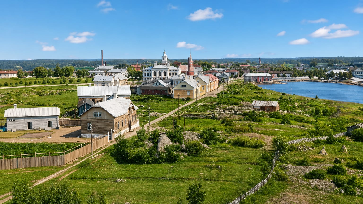 Rauma, Finland: wooden houses and a white church tower above green riverside meadows under a clear summer sky.