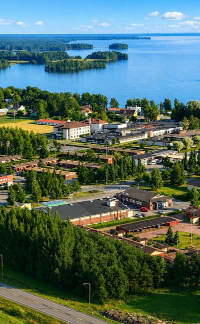 Aerial view of Säkylä, Finland, a low-rise lakeside town on the shore of Pyhäjärvi amid fields and forest.