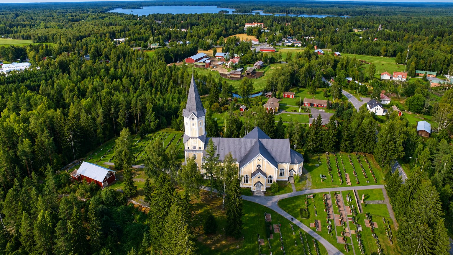 Aerial view of Siikainen's pale church and spire beside its cemetery, ringed by spruce forest and distant lakes, Satakunta, Finland.