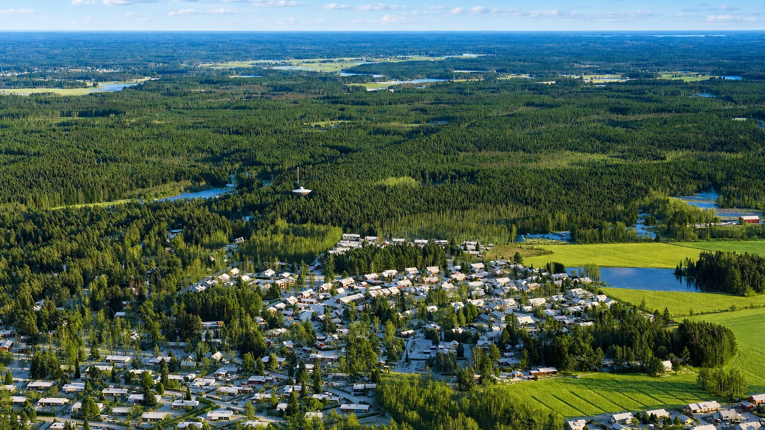 Aerial view of Ulvila, a small town in Finland's Satakunta region surrounded by boreal forest, lakes and green fields