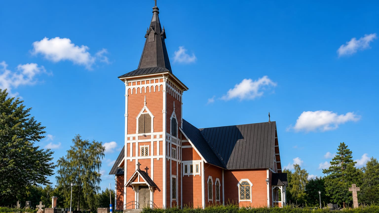 Vampula's red wooden church with a tall black steeple rising above a stone churchyard wall under a blue summer sky, Finland.