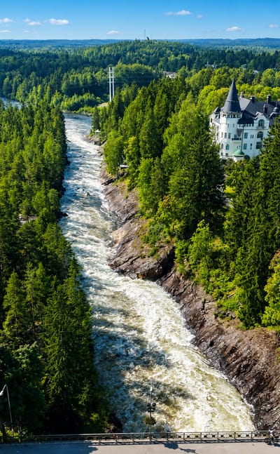 Aerial view of the Imatrankoski rapids on the Vuoksi River with the castle-like State Hotel amid pine forest, Imatra, Finland